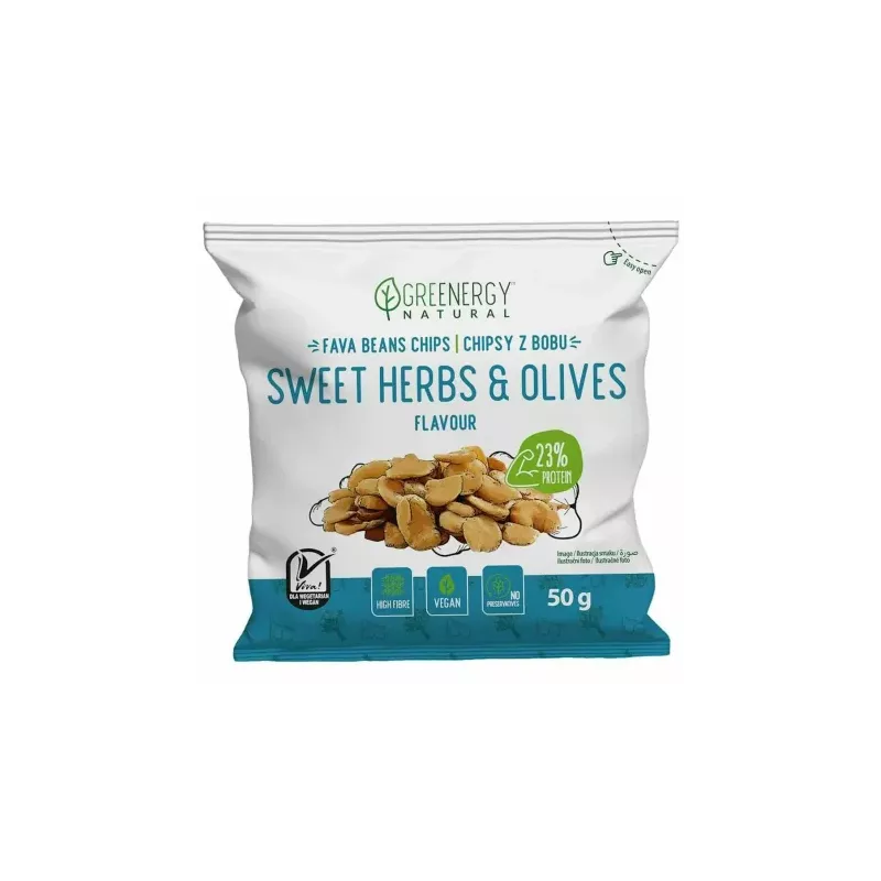 Chipsy Proteinowe z Bobu o Smaku Słodkich Ziół i Oliwek 50 g - Greenergy