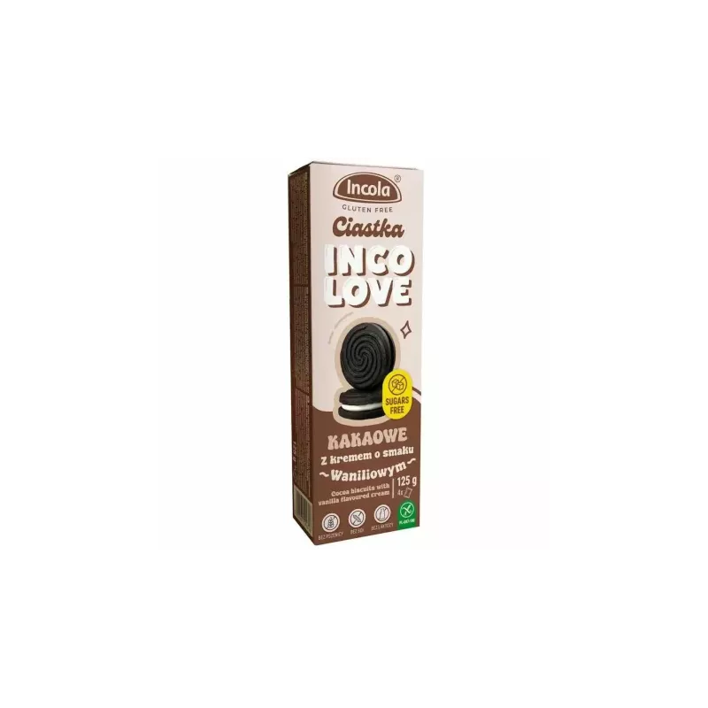 Ciastka Kakaowe z Kremem o Smaku Waniliowym Bez Dodatku Cukru Bezglutenowe 125 g - Incola