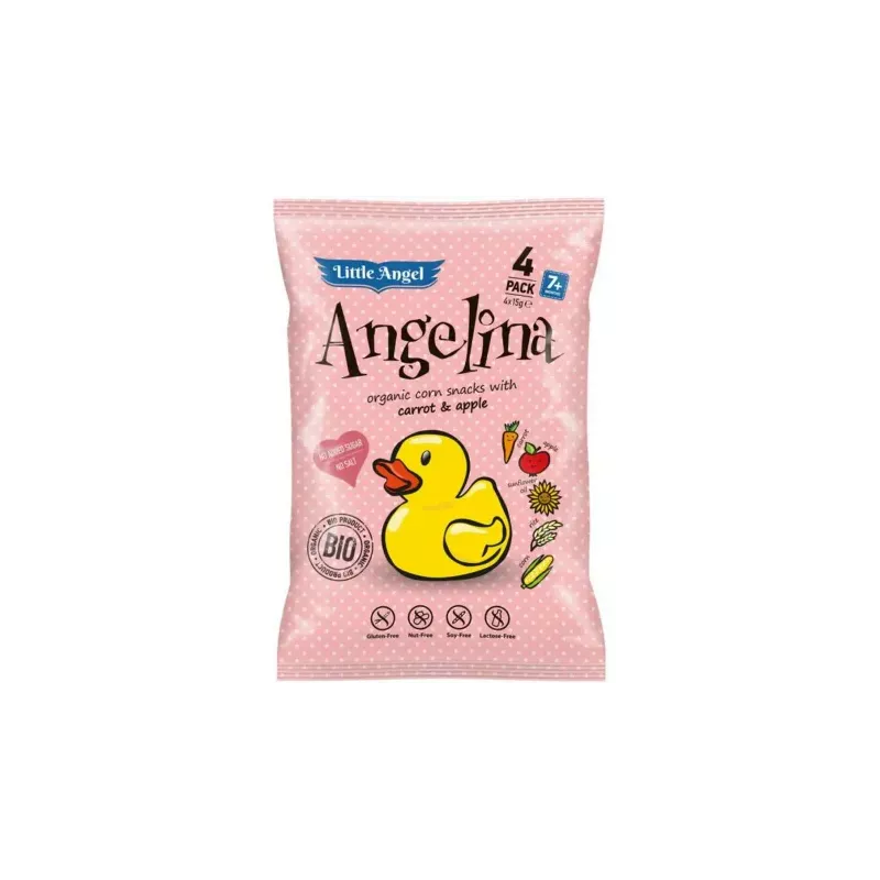ANGELINA Chrupki Kukurydziane Marchew i Jabłko 60 g Bezglutenowe Bio (4 x15 g) - McLloyds